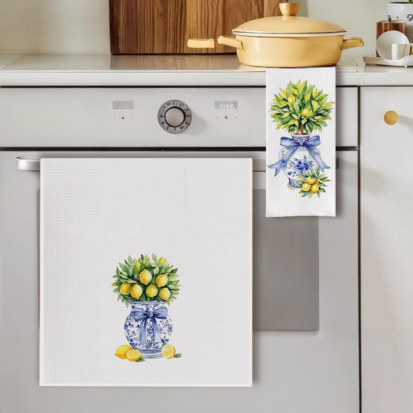 Chinoiserie Lemon Tree Blue Bow Kitchen Towels, Grandmillennial Lemon Dish Tea Towels, Blue and White Porcelain Lemons Decorative Hand Towel for Kitchen Bathroom, 16x24 Inch Set of 2