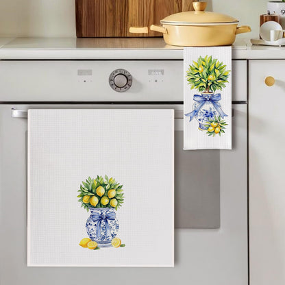 Chinoiserie Lemon Tree Blue Bow Kitchen Towels, Grandmillennial Lemon Dish Tea Towels, Blue and White Porcelain Lemons Decorative Hand Towel for Kitchen Bathroom, 16x24 Inch Set of 2