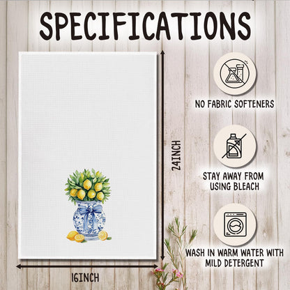 Chinoiserie Lemon Tree Blue Bow Kitchen Towels, Grandmillennial Lemon Dish Tea Towels, Blue and White Porcelain Lemons Decorative Hand Towel for Kitchen Bathroom, 16x24 Inch Set of 2