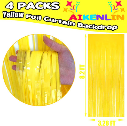 4 Pack 3.2Ft x 8.2Ft Yellow Foil Fringe Curtain Backdrop, Metallic Tinsel Foil Fringe Streamers Curtains Background for Photo Booth, Birthday, Wedding, Halloween, Christmas Party Decoration