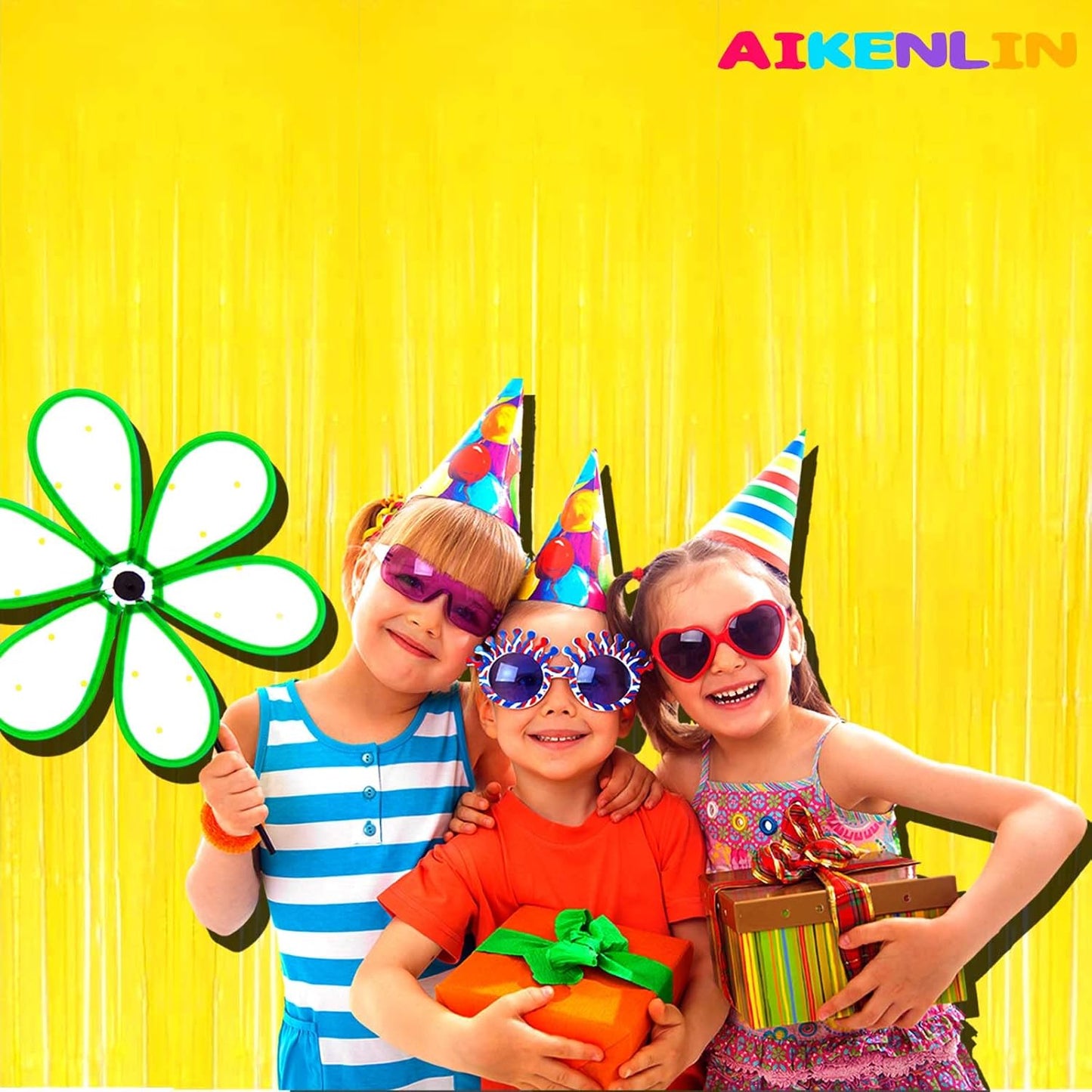 4 Pack 3.2Ft x 8.2Ft Yellow Foil Fringe Curtain Backdrop, Metallic Tinsel Foil Fringe Streamers Curtains Background for Photo Booth, Birthday, Wedding, Halloween, Christmas Party Decoration
