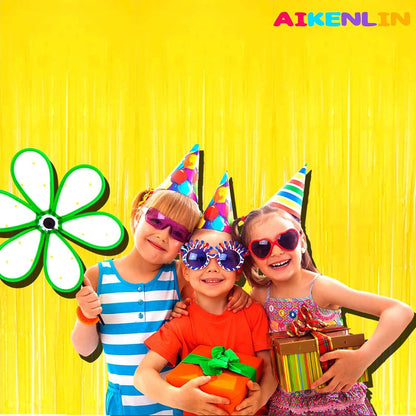 4 Pack 3.2Ft x 8.2Ft Yellow Foil Fringe Curtain Backdrop, Metallic Tinsel Foil Fringe Streamers Curtains Background for Photo Booth, Birthday, Wedding, Halloween, Christmas Party Decoration