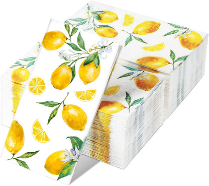 120 Lemon Napkins - 3 Ply Disposable Yellow Citrus Fruit Guest Towels for Kitchen, Bathroom, Tea Party, Baby Shower