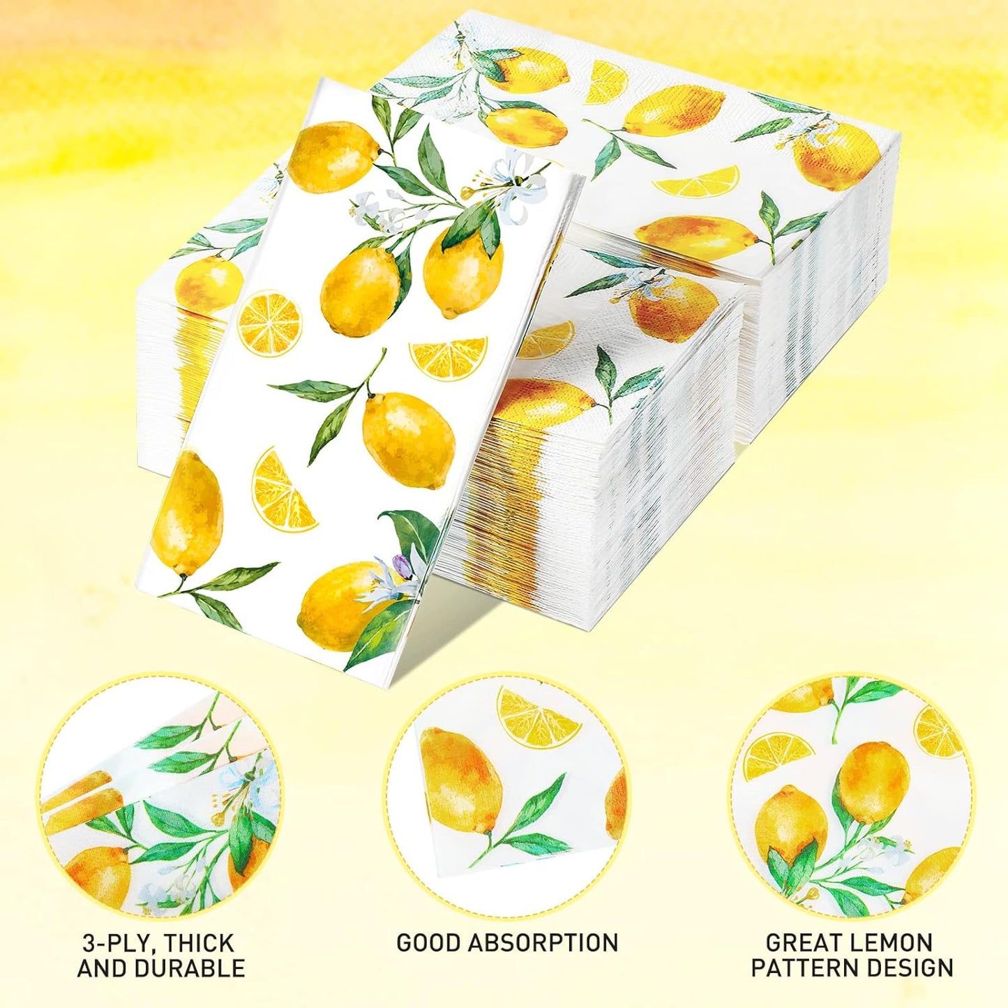 120 Lemon Napkins - 3 Ply Disposable Yellow Citrus Fruit Guest Towels for Kitchen, Bathroom, Tea Party, Baby Shower