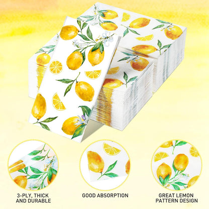 120 Lemon Napkins - 3 Ply Disposable Yellow Citrus Fruit Guest Towels for Kitchen, Bathroom, Tea Party, Baby Shower