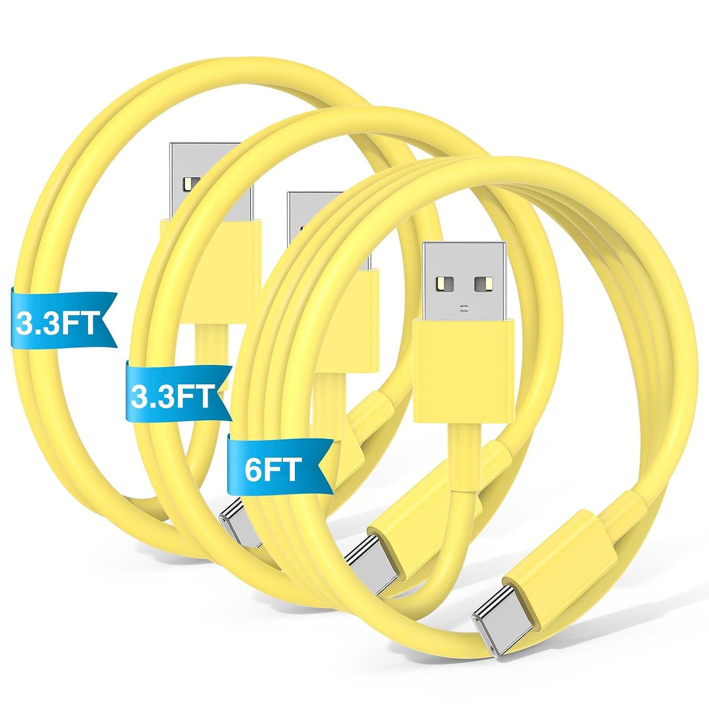 3-Pack Yellow [3.3FT+3.3FT+6FT] USB A to USB C Cable，USB to USB C Car Carplay Cable for iPhone 16 15 Pro Plus Pro Max，for iPad Pro/Air/Mini，for Samsung S24/S23/S22/S21，for MacBook Pro/Air and More