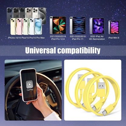 3-Pack Yellow [3.3FT+3.3FT+6FT] USB A to USB C Cable，USB to USB C Car Carplay Cable for iPhone 16 15 Pro Plus Pro Max，for iPad Pro/Air/Mini，for Samsung S24/S23/S22/S21，for MacBook Pro/Air and More