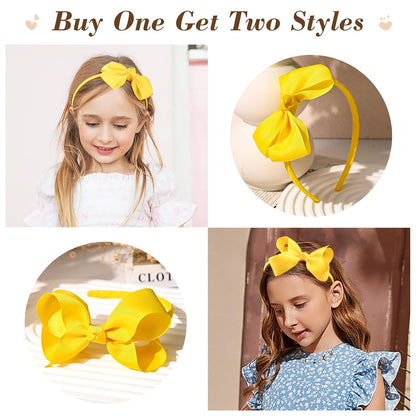 2 PCS 4" Yellow Bow Headband Grosgrain Ribbon Hair Bows for Toddlers Hair Band Accessories for Little Girls Kids Set of 2 -Yellow