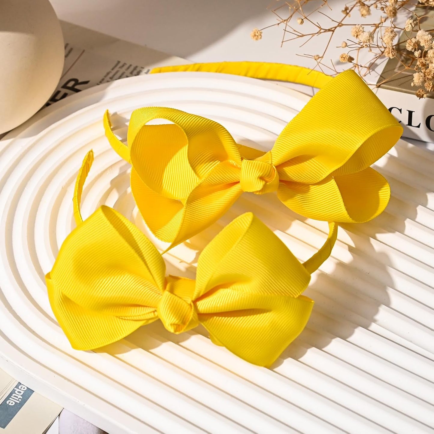 2 PCS 4" Yellow Bow Headband Grosgrain Ribbon Hair Bows for Toddlers Hair Band Accessories for Little Girls Kids Set of 2 -Yellow