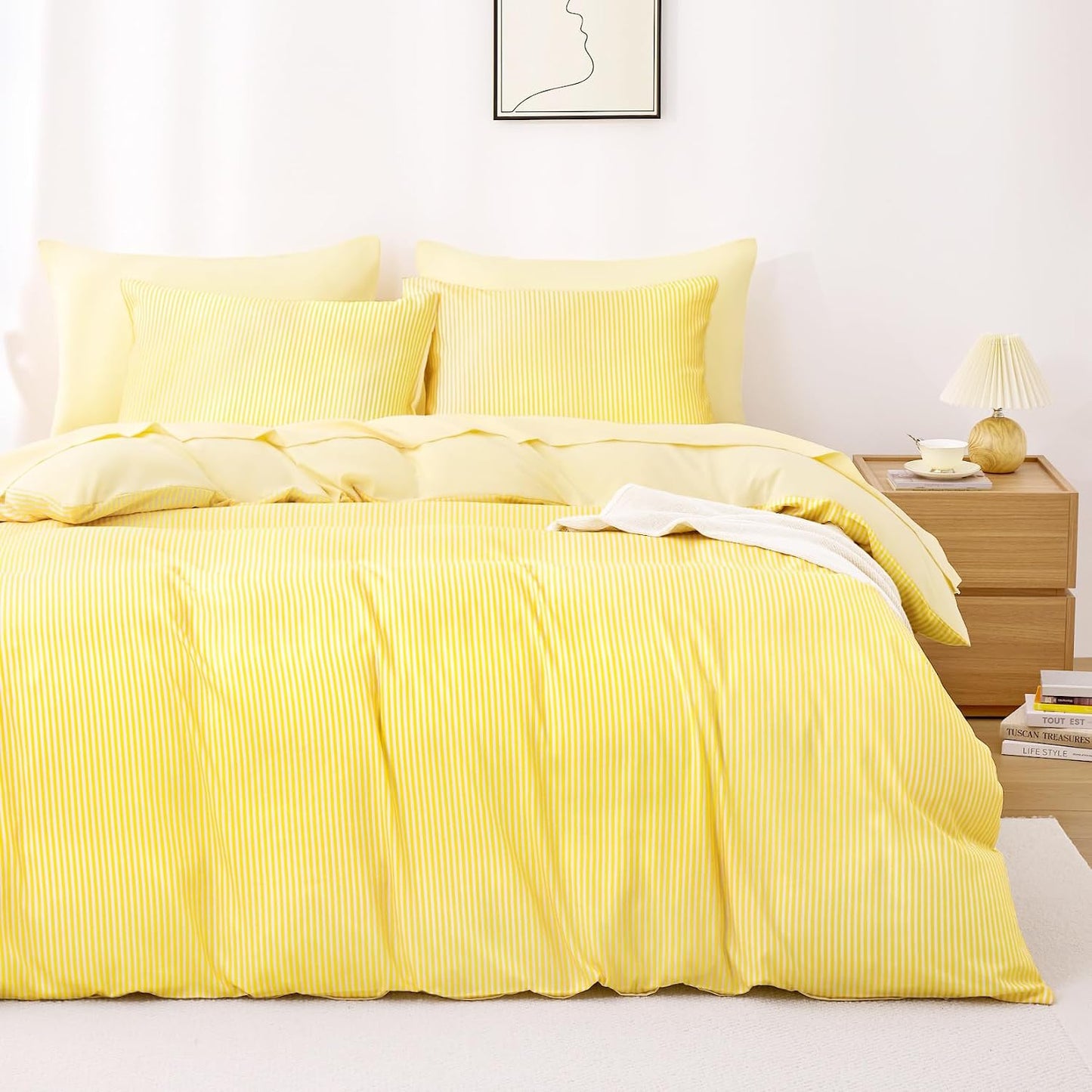 Striped Comforter Set, Ticking Stripe Vertical Pinstripe Neutral Farmhouse Pattern Printed, Soft Lightweight Bedding, 3 Pieces, Yellow, Full Size