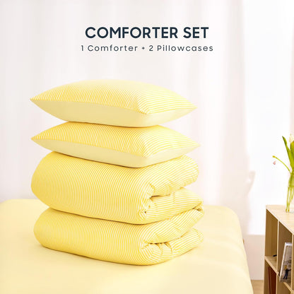 Striped Comforter Set, Ticking Stripe Vertical Pinstripe Neutral Farmhouse Pattern Printed, Soft Lightweight Bedding, 3 Pieces, Yellow, Full Size