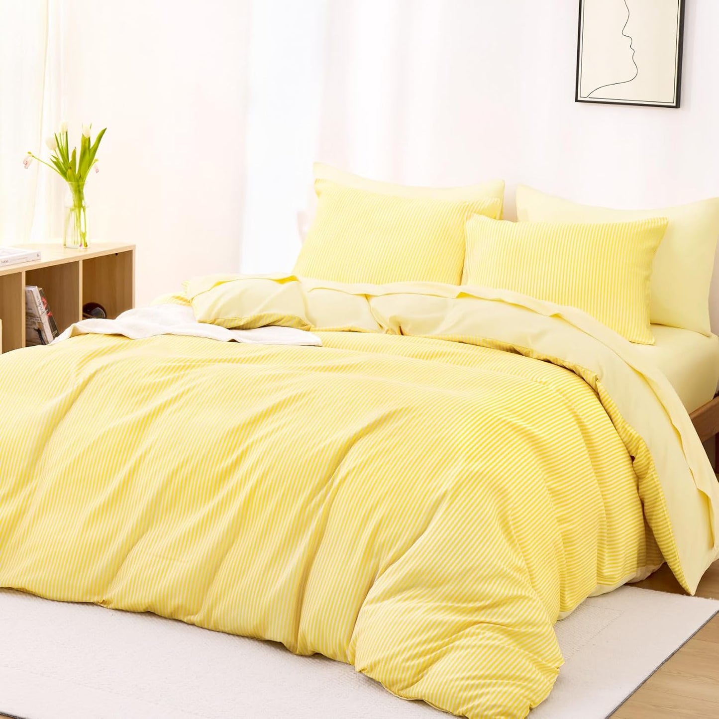 Striped Comforter Set, Ticking Stripe Vertical Pinstripe Neutral Farmhouse Pattern Printed, Soft Lightweight Bedding, 3 Pieces, Yellow, Full Size