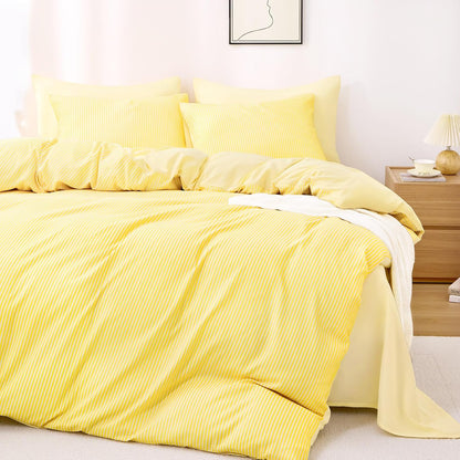 Striped Comforter Set, Ticking Stripe Vertical Pinstripe Neutral Farmhouse Pattern Printed, Soft Lightweight Bedding, 3 Pieces, Yellow, Full Size