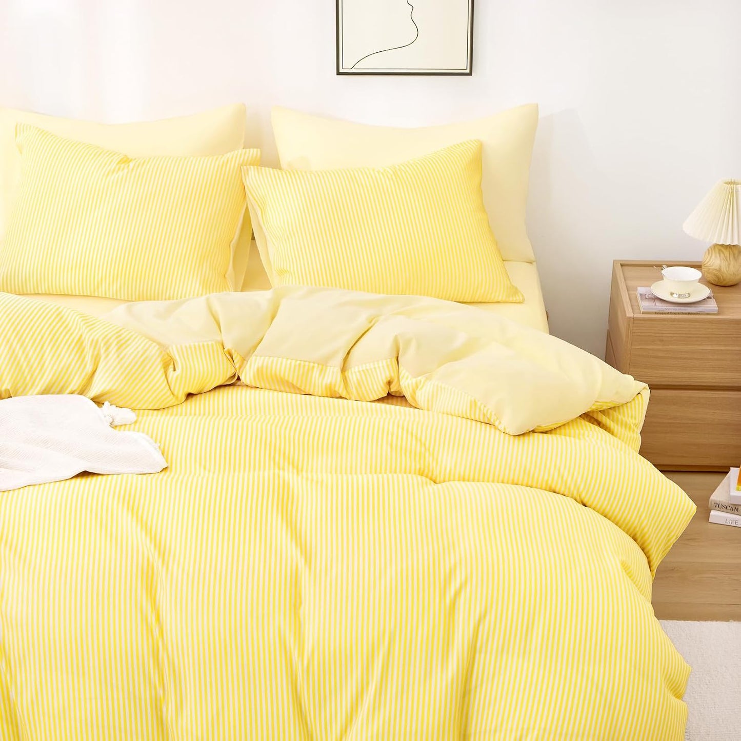 Striped Comforter Set, Ticking Stripe Vertical Pinstripe Neutral Farmhouse Pattern Printed, Soft Lightweight Bedding, 3 Pieces, Yellow, Full Size