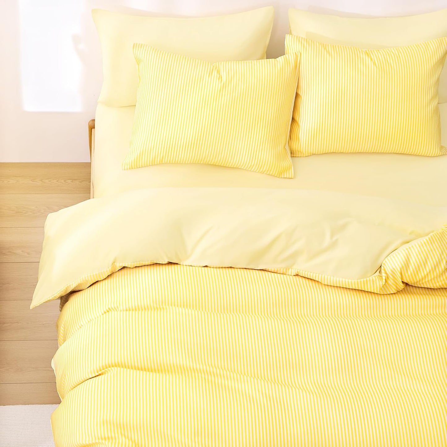 Striped Comforter Set, Ticking Stripe Vertical Pinstripe Neutral Farmhouse Pattern Printed, Soft Lightweight Bedding, 3 Pieces, Yellow, Full Size