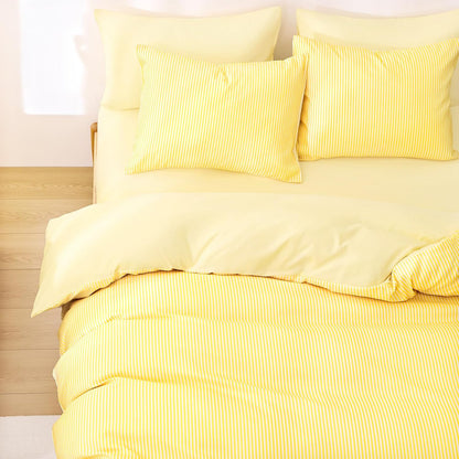 Striped Comforter Set, Ticking Stripe Vertical Pinstripe Neutral Farmhouse Pattern Printed, Soft Lightweight Bedding, 3 Pieces, Yellow, Full Size