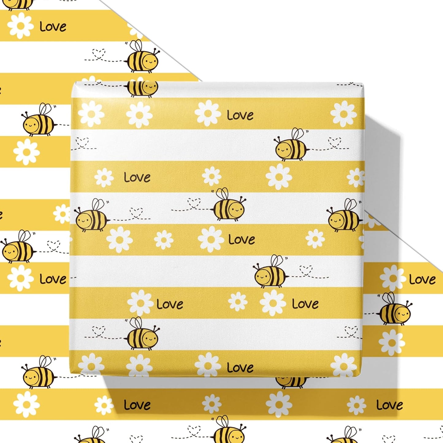 Yellow Spring Wrapping Paper for Kids Adults - Honey Bee Gift Wrap with Cute Bees, Floral, LOVE and Stripe Design for Birthday Baby Shower Easter - 28×40 Inches, 4 Jumbo Folded Sheets