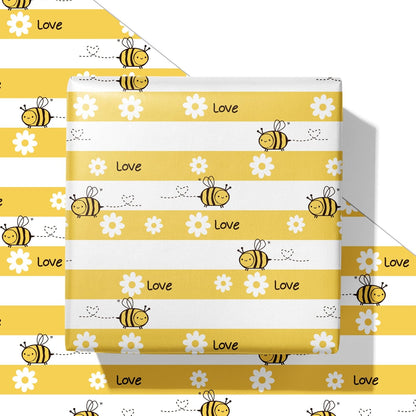 Yellow Spring Wrapping Paper for Kids Adults - Honey Bee Gift Wrap with Cute Bees, Floral, LOVE and Stripe Design for Birthday Baby Shower Easter - 28×40 Inches, 4 Jumbo Folded Sheets