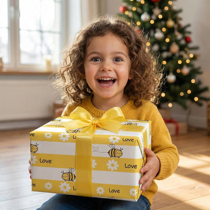 Yellow Spring Wrapping Paper for Kids Adults - Honey Bee Gift Wrap with Cute Bees, Floral, LOVE and Stripe Design for Birthday Baby Shower Easter - 28×40 Inches, 4 Jumbo Folded Sheets