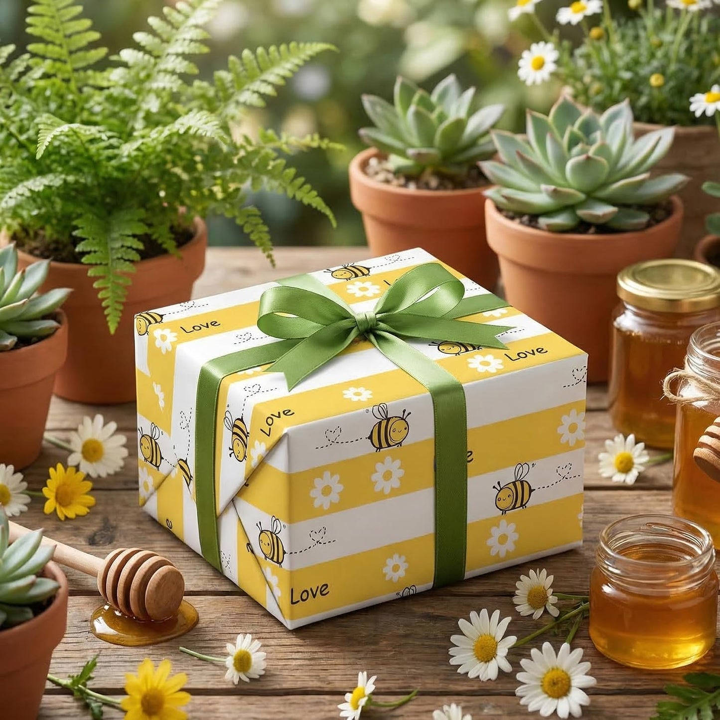 Yellow Spring Wrapping Paper for Kids Adults - Honey Bee Gift Wrap with Cute Bees, Floral, LOVE and Stripe Design for Birthday Baby Shower Easter - 28×40 Inches, 4 Jumbo Folded Sheets