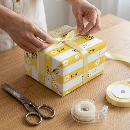 Yellow Spring Wrapping Paper for Kids Adults - Honey Bee Gift Wrap with Cute Bees, Floral, LOVE and Stripe Design for Birthday Baby Shower Easter - 28×40 Inches, 4 Jumbo Folded Sheets