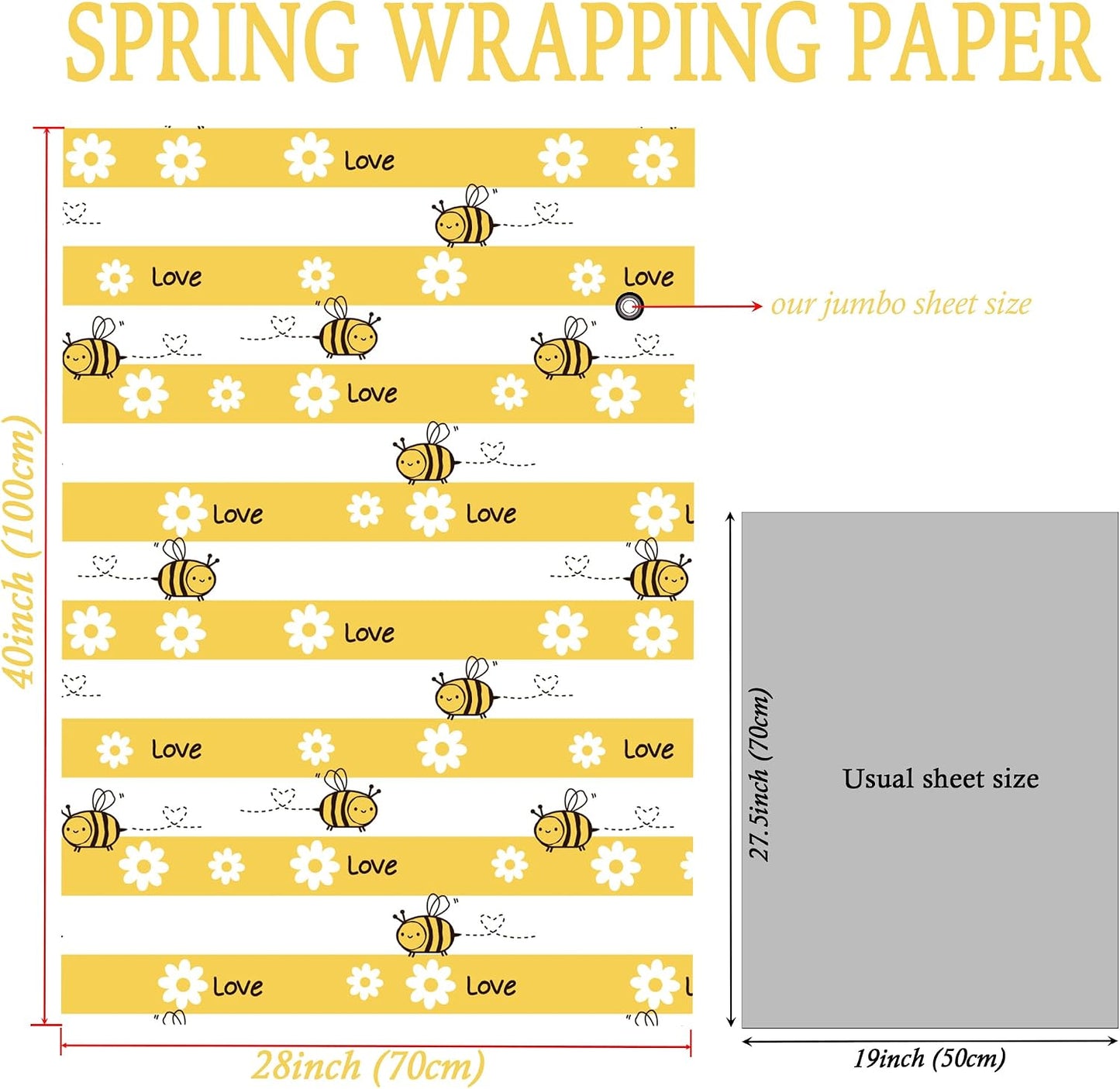 Yellow Spring Wrapping Paper for Kids Adults - Honey Bee Gift Wrap with Cute Bees, Floral, LOVE and Stripe Design for Birthday Baby Shower Easter - 28×40 Inches, 4 Jumbo Folded Sheets