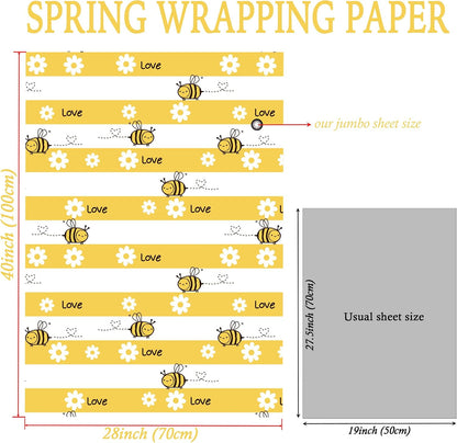 Yellow Spring Wrapping Paper for Kids Adults - Honey Bee Gift Wrap with Cute Bees, Floral, LOVE and Stripe Design for Birthday Baby Shower Easter - 28×40 Inches, 4 Jumbo Folded Sheets