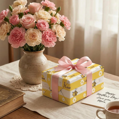 Yellow Spring Wrapping Paper for Kids Adults - Honey Bee Gift Wrap with Cute Bees, Floral, LOVE and Stripe Design for Birthday Baby Shower Easter - 28×40 Inches, 4 Jumbo Folded Sheets