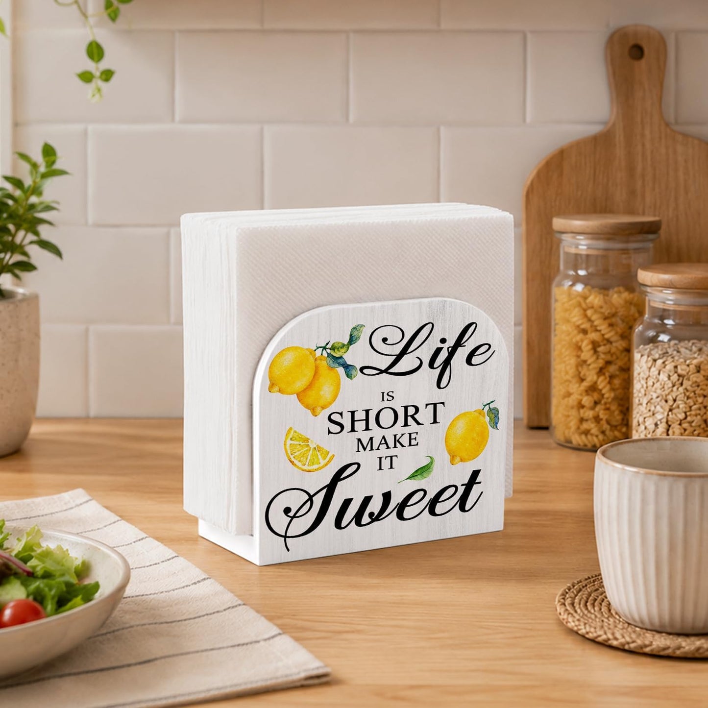Rustic Summer Lemon Wooden Napkin Dispenser Holder | Lemon Kitchen Decor Wooden Standing Napkin Holder,Inspirational Lemons Napkin Dispenser for Table Kitchen Cocktail Bar