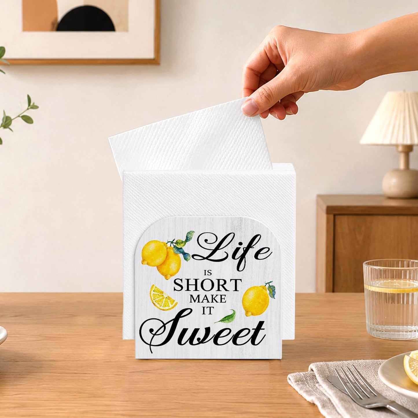 Rustic Summer Lemon Wooden Napkin Dispenser Holder | Lemon Kitchen Decor Wooden Standing Napkin Holder,Inspirational Lemons Napkin Dispenser for Table Kitchen Cocktail Bar