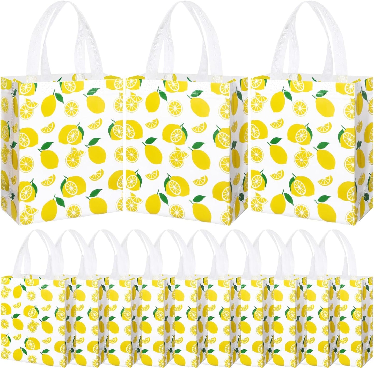 24 Pack Yellow Lemon Gift Bags Medium Goodie Summer Fruit Party Favor Bags Reusable Non Woven Totes for Lemon Birthday Wedding Baby Shower Party Family Holiday Travel(9.8" x 7.9" x 3.9")