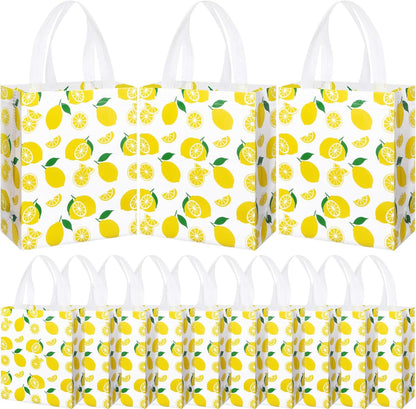24 Pack Yellow Lemon Gift Bags Medium Goodie Summer Fruit Party Favor Bags Reusable Non Woven Totes for Lemon Birthday Wedding Baby Shower Party Family Holiday Travel(9.8" x 7.9" x 3.9")