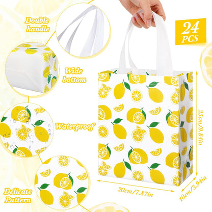 24 Pack Yellow Lemon Gift Bags Medium Goodie Summer Fruit Party Favor Bags Reusable Non Woven Totes for Lemon Birthday Wedding Baby Shower Party Family Holiday Travel(9.8" x 7.9" x 3.9")