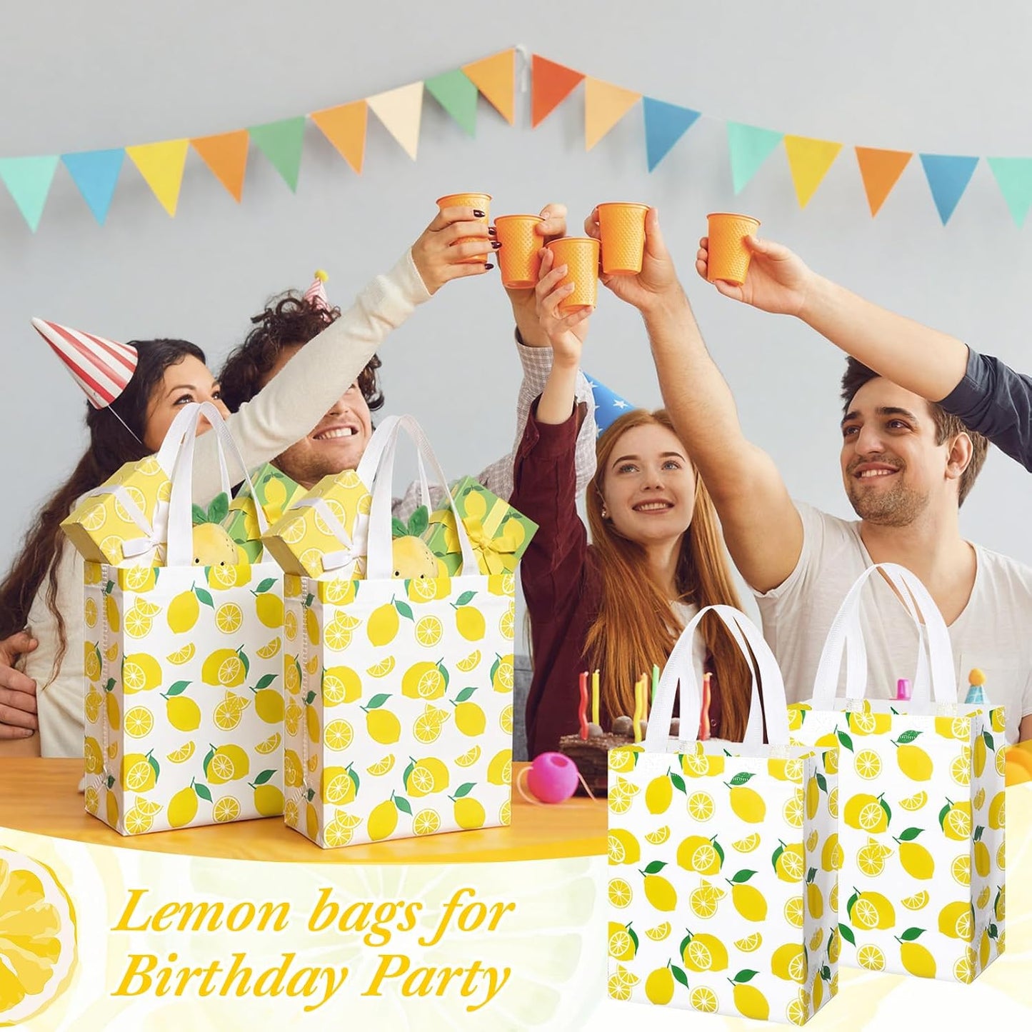 24 Pack Yellow Lemon Gift Bags Medium Goodie Summer Fruit Party Favor Bags Reusable Non Woven Totes for Lemon Birthday Wedding Baby Shower Party Family Holiday Travel(9.8" x 7.9" x 3.9")