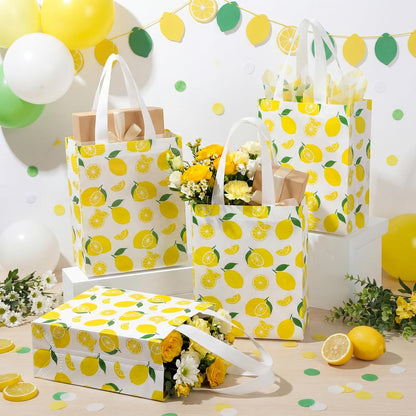 24 Pack Yellow Lemon Gift Bags Medium Goodie Summer Fruit Party Favor Bags Reusable Non Woven Totes for Lemon Birthday Wedding Baby Shower Party Family Holiday Travel(9.8" x 7.9" x 3.9")