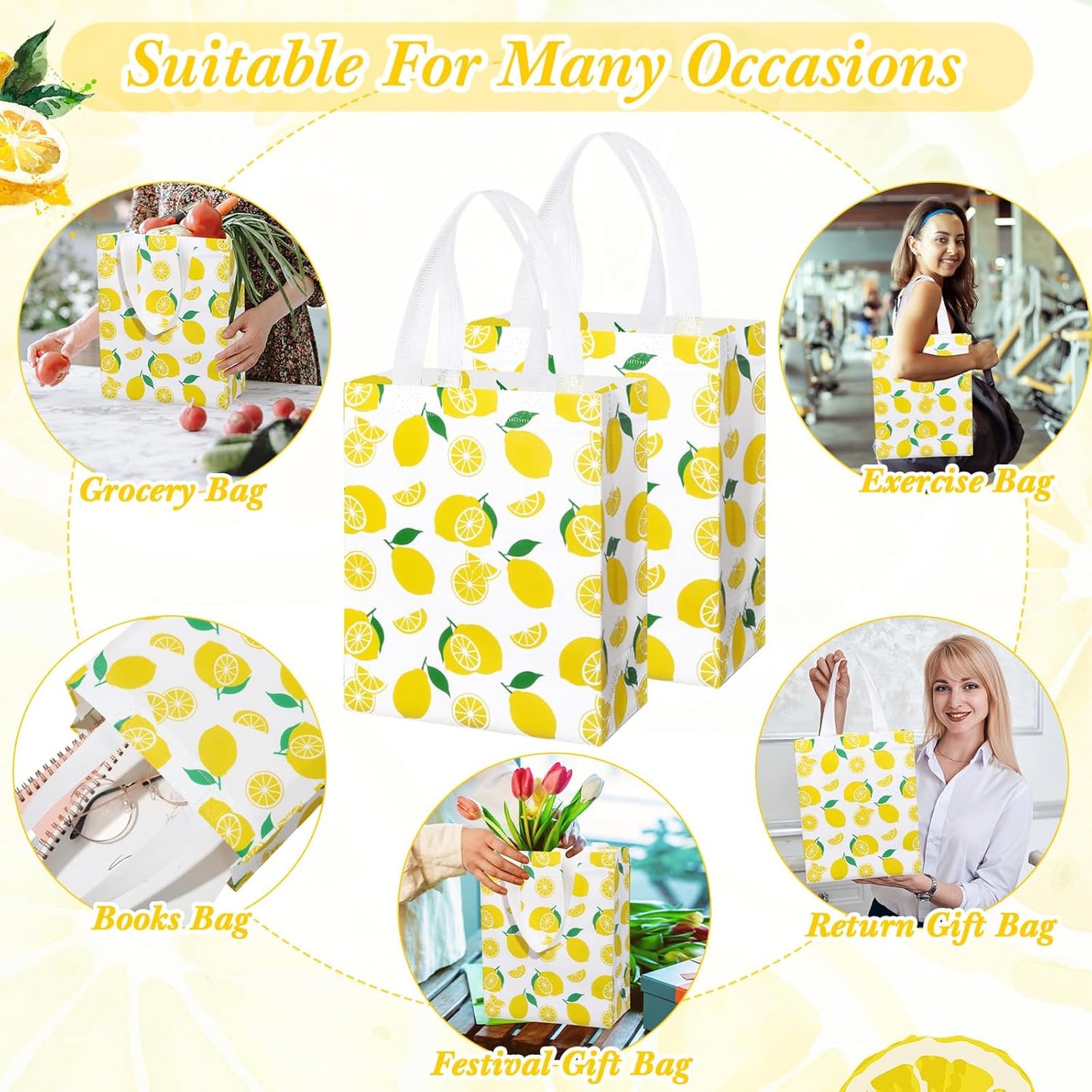 24 Pack Yellow Lemon Gift Bags Medium Goodie Summer Fruit Party Favor Bags Reusable Non Woven Totes for Lemon Birthday Wedding Baby Shower Party Family Holiday Travel(9.8" x 7.9" x 3.9")