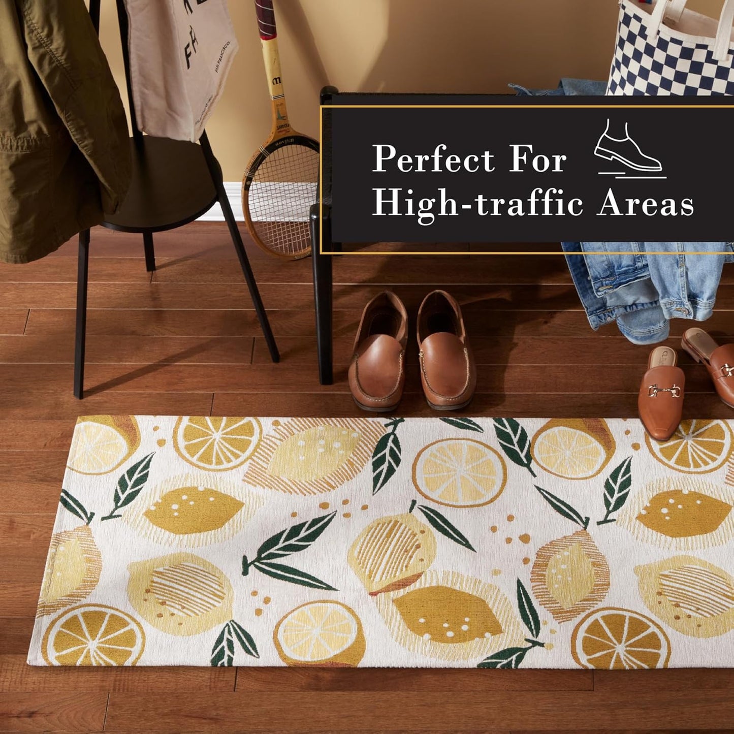 Livie Fresh Lemon Everwash Washable Multi-Use Decorative Cream 24"x40" Kitchen Rug, Bedroom Rug, Hallway Rug with Non-Slip Backing