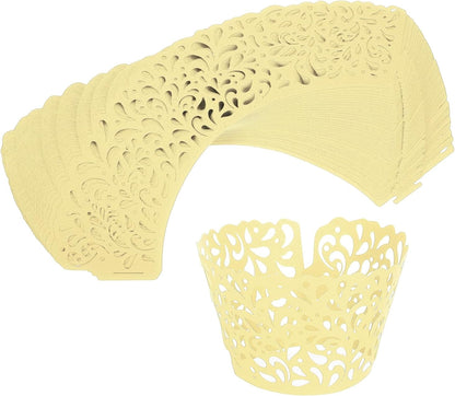 50pcs Cupcake Liners Wrappers Water Droplet Hollow Out Artistic Baking Packaging Disposable Bulk Cups for Wedding Birthday Party Decoration Baking Cake Desserts, Light Yellow
