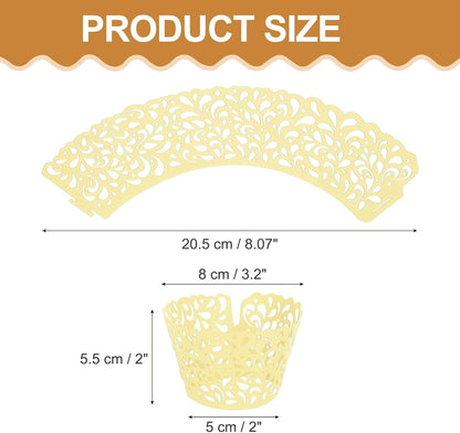 50pcs Cupcake Liners Wrappers Water Droplet Hollow Out Artistic Baking Packaging Disposable Bulk Cups for Wedding Birthday Party Decoration Baking Cake Desserts, Light Yellow