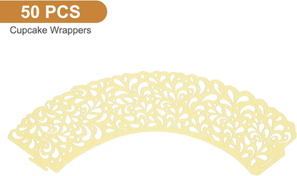 50pcs Cupcake Liners Wrappers Water Droplet Hollow Out Artistic Baking Packaging Disposable Bulk Cups for Wedding Birthday Party Decoration Baking Cake Desserts, Light Yellow