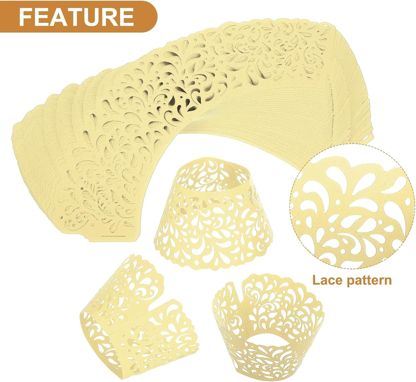 50pcs Cupcake Liners Wrappers Water Droplet Hollow Out Artistic Baking Packaging Disposable Bulk Cups for Wedding Birthday Party Decoration Baking Cake Desserts, Light Yellow