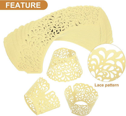 50pcs Cupcake Liners Wrappers Water Droplet Hollow Out Artistic Baking Packaging Disposable Bulk Cups for Wedding Birthday Party Decoration Baking Cake Desserts, Light Yellow