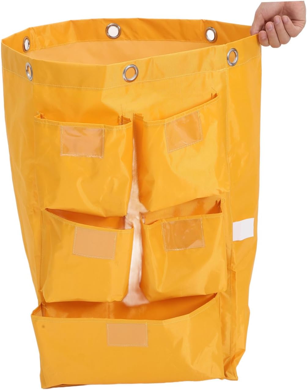Waterproof Cleaning Bag for Janitorial Cart 5 Pockets, Sturdy Canvas Housekeeping Supply Storage Tote, Yellow Laundry and Trash Collection Bag for Cleaning Trolley