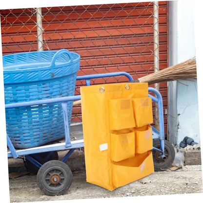 Waterproof Cleaning Bag for Janitorial Cart 5 Pockets, Sturdy Canvas Housekeeping Supply Storage Tote, Yellow Laundry and Trash Collection Bag for Cleaning Trolley