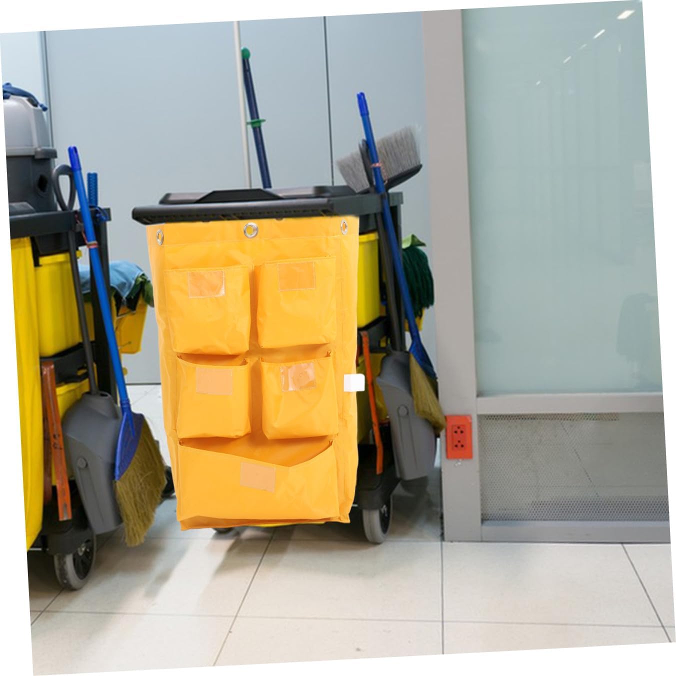 Waterproof Cleaning Bag for Janitorial Cart 5 Pockets, Sturdy Canvas Housekeeping Supply Storage Tote, Yellow Laundry and Trash Collection Bag for Cleaning Trolley