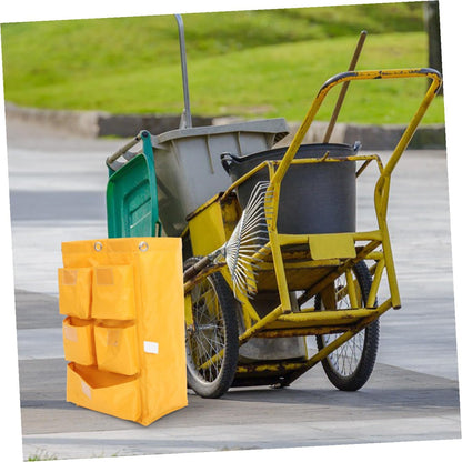 Waterproof Cleaning Bag for Janitorial Cart 5 Pockets, Sturdy Canvas Housekeeping Supply Storage Tote, Yellow Laundry and Trash Collection Bag for Cleaning Trolley