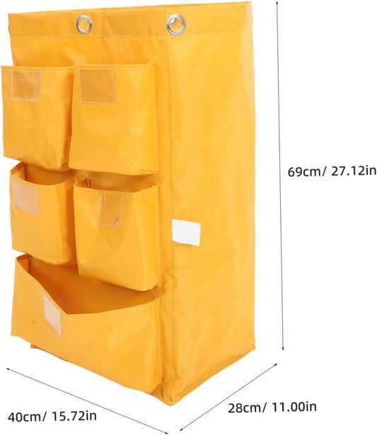 Waterproof Janitorial Bag 5 Pockets, Heavy-Duty Canvas Cleaning Cart Storage Bag for Trash Collection, Housekeeping Supply Compatible Cleaning Trolleys, Yellow