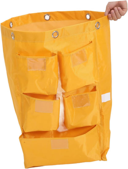 Waterproof Janitorial Bag 5 Pockets, Heavy-Duty Canvas Cleaning Cart Storage Bag for Trash Collection, Housekeeping Supply Compatible Cleaning Trolleys, Yellow