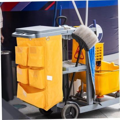 Waterproof Janitorial Bag 5 Pockets, Heavy-Duty Canvas Cleaning Cart Storage Bag for Trash Collection, Housekeeping Supply Compatible Cleaning Trolleys, Yellow