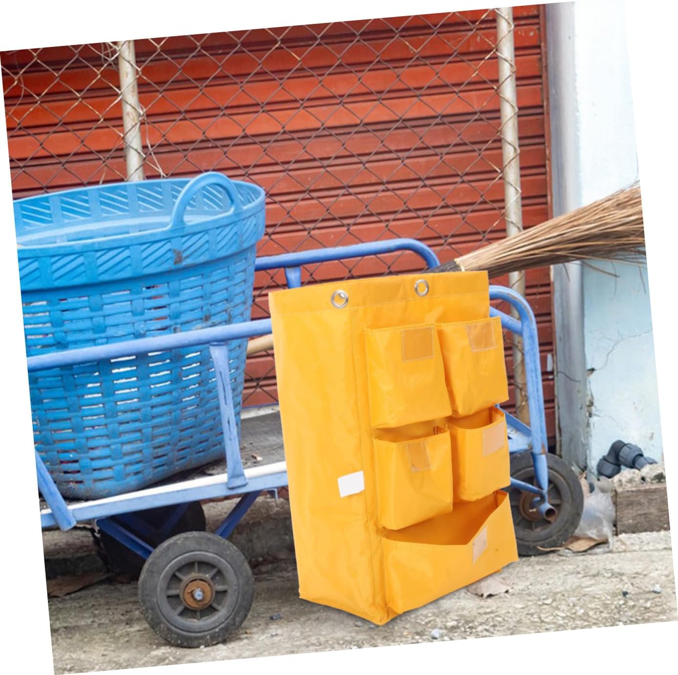 Waterproof Janitorial Bag 5 Pockets, Heavy-Duty Canvas Cleaning Cart Storage Bag for Trash Collection, Housekeeping Supply Compatible Cleaning Trolleys, Yellow